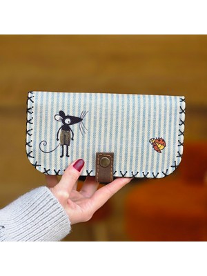 Çizgili Fare Desenli Büyük Boy Kadın Cüzdanı Bohem Vintage Retro Tarzı Hediyelik