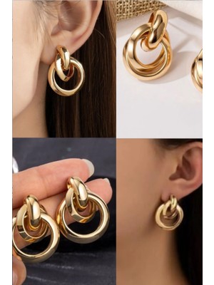 Design 4N Kadın Trend  Lüks Gold Renk 3'lü Halka Küpe