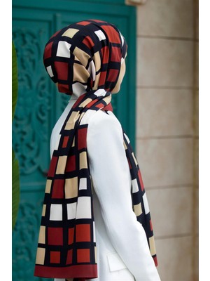 Vissona Lüks Medine Ipeği Kare Desenli Bordo Renkli 75X195 Kırışmaz Şal Moss Krep Dikiş Tipi Italyan Dikişli