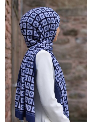 Vissona Lüks Medine Ipeği Kare Desenli Indigo Renkli 75X195 Kırışmaz Şal Moss Krep Dikiş Tipi Italyan Dikişli