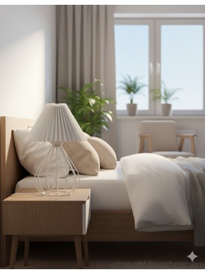 Decodelight Beyaz Rustik Modern Metal Tel Ayaklı 22'lik Pileli Beyaz Kumaş Şapkalı Abajur Masa Lambası