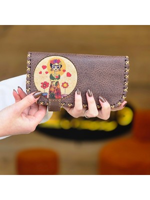 Mexsican Frida Figürlü Büyük Cüzdan Etnik Bohem Retro Vintage Style - Kahve