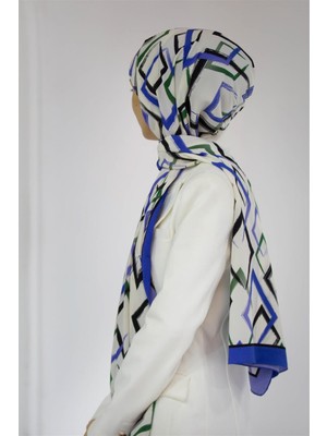 Vissona Lüks Medine Ipeği Geometrik Desenli Saks Renkli 75X195 Kırışmaz Şal Moss Krep Dikiş Tipi Italyan Dikişli