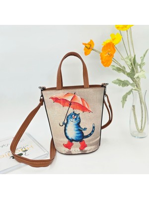 Şemsiye Tutan Kedi Tasarımlı Kova Çanta Etnik Bohem Style - Taba