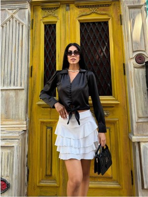 New Station Ipek Saten Gömlek Düğmeli