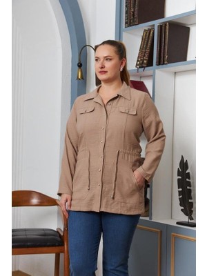 Rmg Bel Bağcık Detaylı Büyük Beden Vizon Keten Ceket