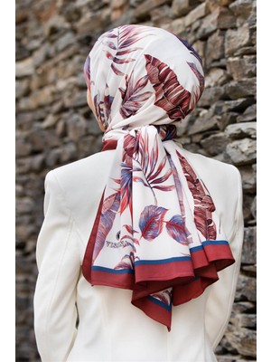 Vissona Lüks Medine Ipeği Yaprak Desenli Kırmızı - Indigo Renkli 75X195 Kırışmaz Şal Moss Krep Dikiş Tipi Italyan Dikişli