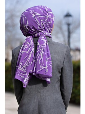 Vissona Lüks Medine Ipeği Yaprak Desenli Lila Renkli 75X195 Kırışmaz Şal Moss Krep Dikiş Tipi Italyan Dikişli