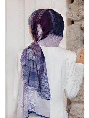 Vissona Lüks Medine Ipeği Fırça Desenli Mürdüm - Indigo Renkli 75X195 Kırışmaz Şal Moss Krep Dikiş Tipi Italyan Dikişli