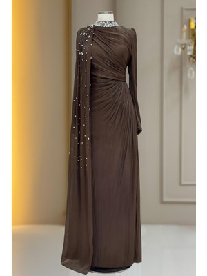 Amine Hüma Helen Abiye Elbise Kahverengi