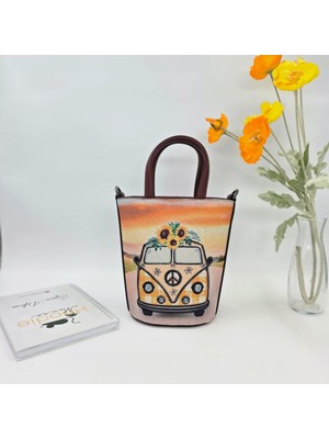 Vosvos Figürlü Kova Model Çanta Etnik Bohem Style - Bordo