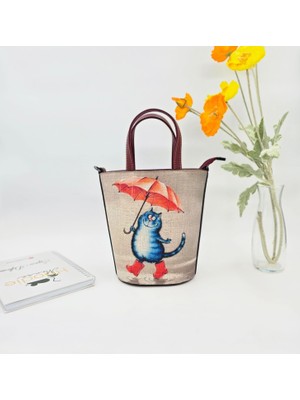 Şemsiye Tutan Kedi Tasarımlı Kova Çanta Etnik Bohem Style - Bordo