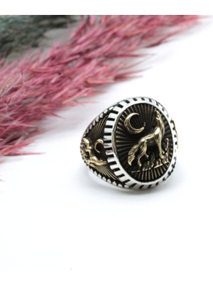 Canka Kurt Hilal İşlemeli Gümüş Erkek Yüzük