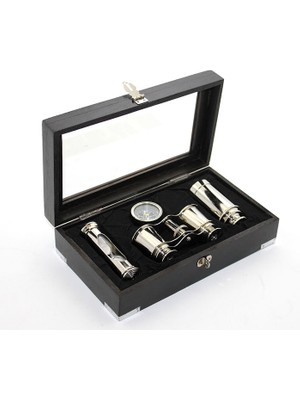 Ttt Ahşap Kutulu Pirinç Dürbün Pusula ve Kum Saati Seti