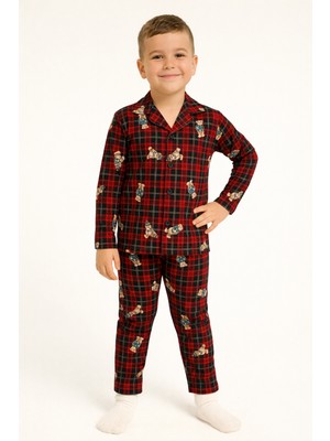 Zepkids Gömlek Yaka Ayıcık Baskılı Bordo Renk Erkek Çocuk Pijama Takımı