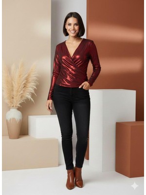 Boutique Bade Italyan Yılbaşı Kırmızısı Kruvaze Yaka Bluz