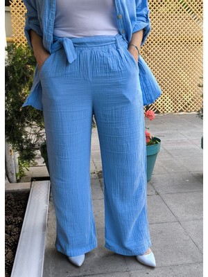 DenizEge Butik Kuşaklı Müslin Pantolon Bebe Mavi