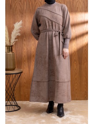 Letafet Kolları ve Yakası Ribanalı Elbise - Vizon