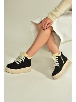 Fox Shoes V367343402 Siyah Süet Içi Tüylü Kalın Tabanlı Kadın Bot