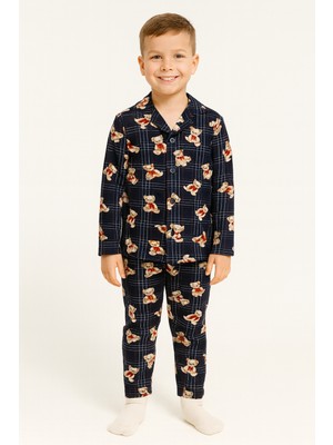 Zepkids Gömlek Yaka Ayıcık Baskılı Lacivert Renk Erkek Çocuk Pijama Takımı