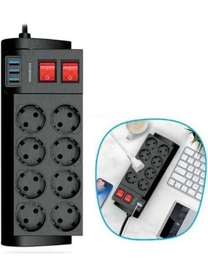 Sad Şad® Isıya Dayanıklı Termal Akım Korumalı 2 Metre 16A 4000W 8li Priz ve 3 USB Li Uzatma Kablosu