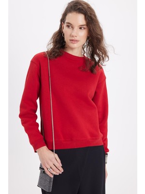 Tudors Kadın Oversize Geniş Kesim Pamuklu Bisiklet Yaka Kırmızı Sweatshirt