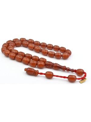 Murty99 Hakkı Usta Imzalı Fıçı Kesim Iri Boy Koyu Turuncu Sıkma Kehribar Tesbih