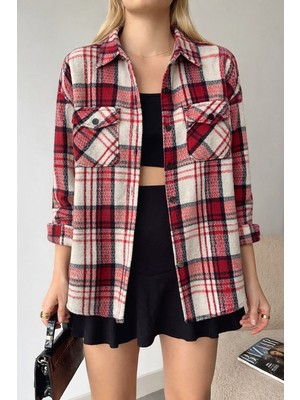 Mamayaga Kadın Desen Bloklu Oduncu Oversize Bol ve Geniş Kalıp Casual Cepli Yakalı Ceket Gömlek