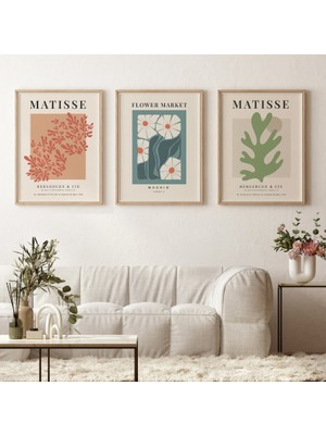 Pam Studio 3’lü Matisse Tarzı Modern Poster Seti – Çiçek ve Yaprak Desenli Ahşap Çerçeveli Duvar Tablosu