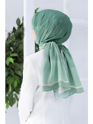 Vissona Lüks Medine Ipeği Geometri Desenli Mint Yeşili Renkli 75X195 Kırışmaz Şal Moss Krep Dikiş Tipi Italyan Dikişli