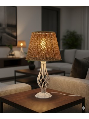 Decodelight Beyaz Rustik Burgulu Taşlı Metal Ayaklı 25'lik Hazeran Hasır Kumaş Şapkalı Abajur Masa Lambası