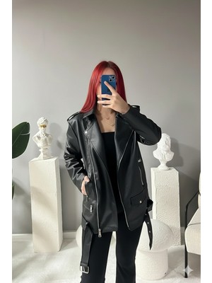 Orions Collection Elvera Oversize Uzun Kadın Siyah Deri Ceket