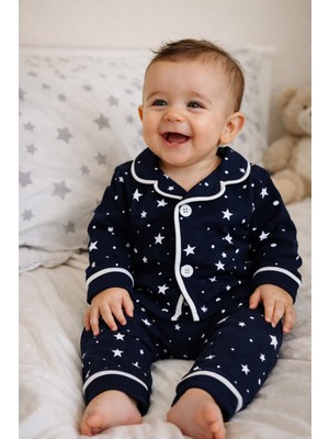Tuem Baby %100 Pamuk Lacivert Yıldız Baskılı Uzun Kollu Unisex Bebek Pijamatakımı
