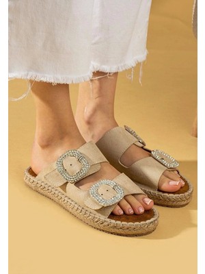 Elma Shop Hertas Bej Nubuk Tokalı Terlik