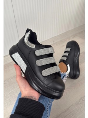 Elma Shop Elika Siyah Cilt Simli Cırt Cırtlı Spor Ayakkabı