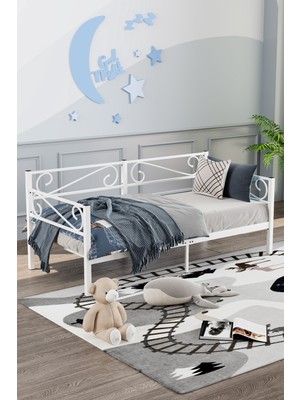 Mobpazar Luna Daybed Metal Karyola – Beyaz Ölçü Seçenekli | Yan & Arka Ferforce Destekli 100X200 cm Beyaz Renk