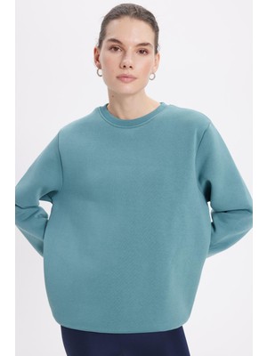 Tudors Kadın Oversize Geniş Kesim Pamuklu 3 İplik İçi Polarlı Basic Petrol Rengi Bisiklet Yaka Sweatshirt