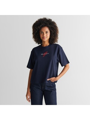 Gant Kadın Lacivert Bisiklet Yaka Logolu T-Shirt
