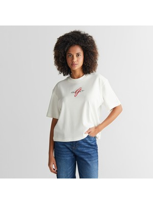 Gant Kadın Krem Bisiklet Yaka Logolu T-Shirt
