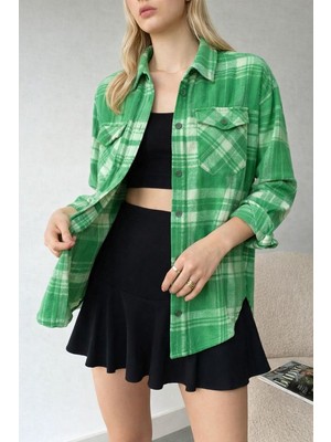 Mamayaga Kadın Desen Bloklu Oduncu Oversize Bol ve Geniş Kalıp Casual Cepli Yakalı Ceket Gömlek