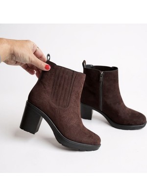 Ne&Ve Shoes Kahve Süet Hakiki Deri Lastik Detaylı Kadın Içten Fermuarlı Bot