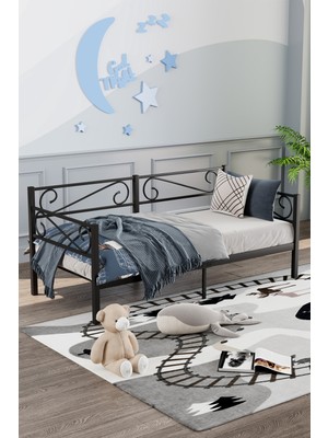 Mobpazar Luna Daybed Metal Karyola – Siyah Ölçü Seçenekli | Yan & Arka Ferforce Destekli 90X200 cm Siyah Renk