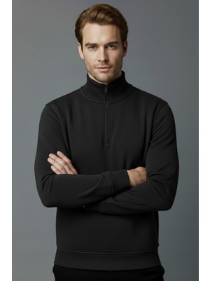 Unisex Kışlık Siyah Yarım Fermuarlı Dik Yaka 2 Iplik Basic Sweatshirt