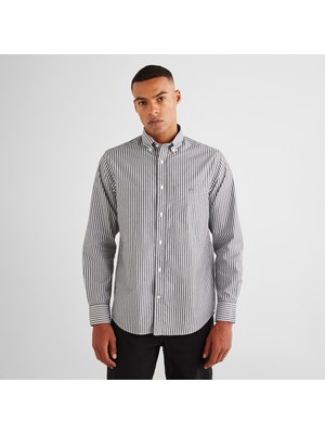 Gant Erkek Siyah Regular Fit Düğmeli Yaka Çizgili Poplin Gömlek