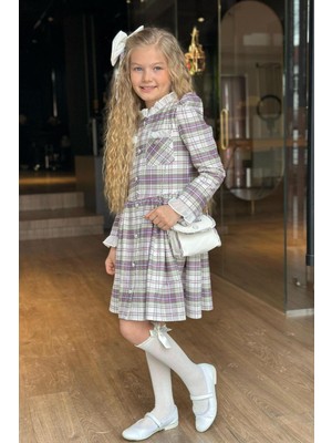 Riccotarz Kız Çocuk Yakası ve Kolları Fırfırlı Üzeri Boydan Düğme ve Gri-Pembe Ekose Detaylı Elbise