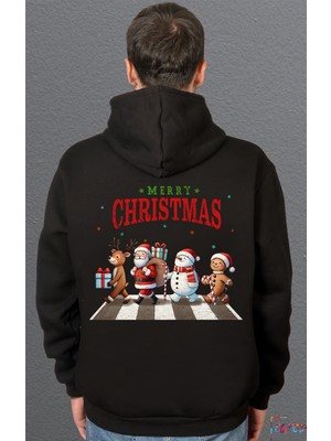 Bumeta Christmas Crossing Santa Geyik ve Kardan Adam Baskılı Sweatshirt Unisex Kapüşonlu Hoodie