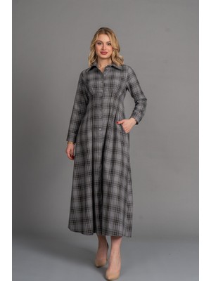 MissVina Carina Ekose Desen Düğmeli Uzun Elbise 50357