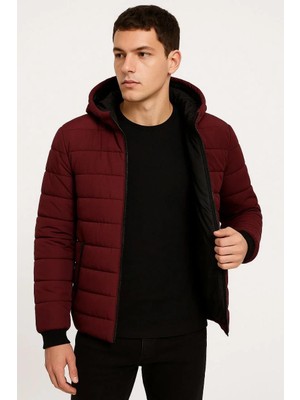 Rawea Fashion Erkek Şişme Kapüşonlu Fermuarlı Mont Su Itici Kapitone Astarlı Kumaş Cepli Kışlık Rahat Kalıp - Bordo