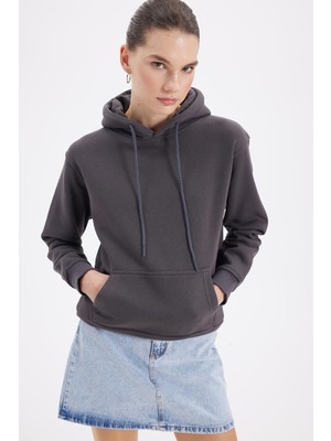 Tudors Kadın Relax Fit Rahat Kesim Pamuklu Kapüşonlu Kanguru Cepli Füme Sweatshirt