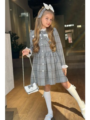 Riccotarz Kız Çocuk Yakası ve Kolları Fırfırlı Üzeri Boydan Düğme ve Gri-Kahve Ekose Detaylı Elbise